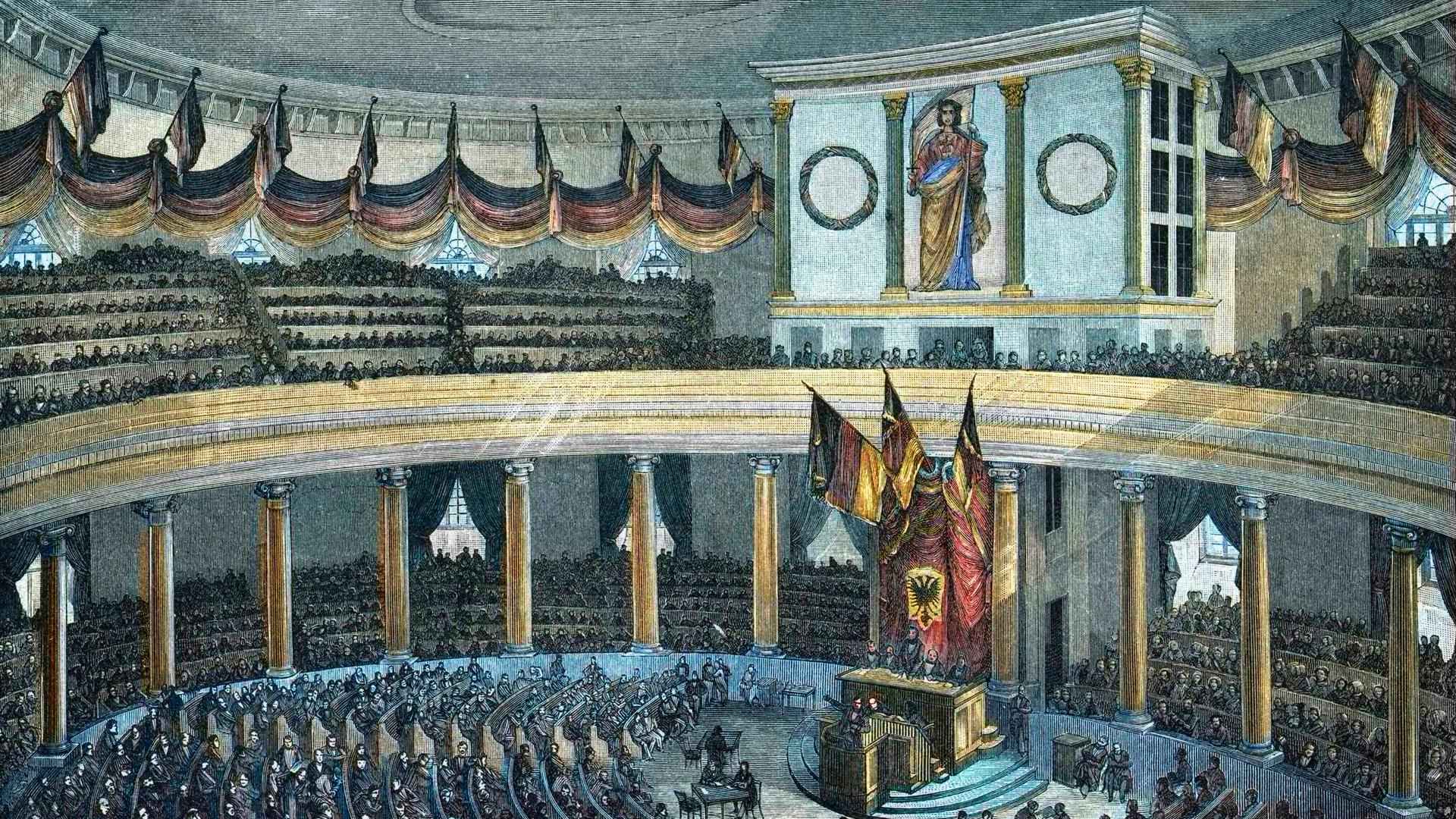 Die Frankfurter Nationalversammlung im Mai 1848. Zeitgenössischer, kolorierter Holzschnitt Die Frankfurter Nationalversammlung im Mai 1848. Zeitgenössischer, kolorierter Holzschnitt