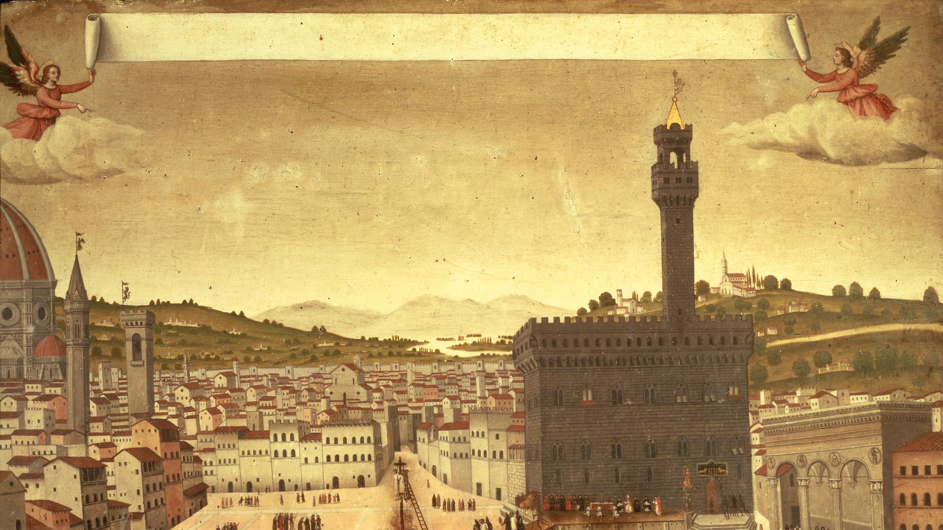 Die Hinrichtung Girolamo Savonarolas 1498 auf der Piazza della Signoria" in Florenz. Dargestellt auf einem anonymen, zeitgenössischen Gemälde