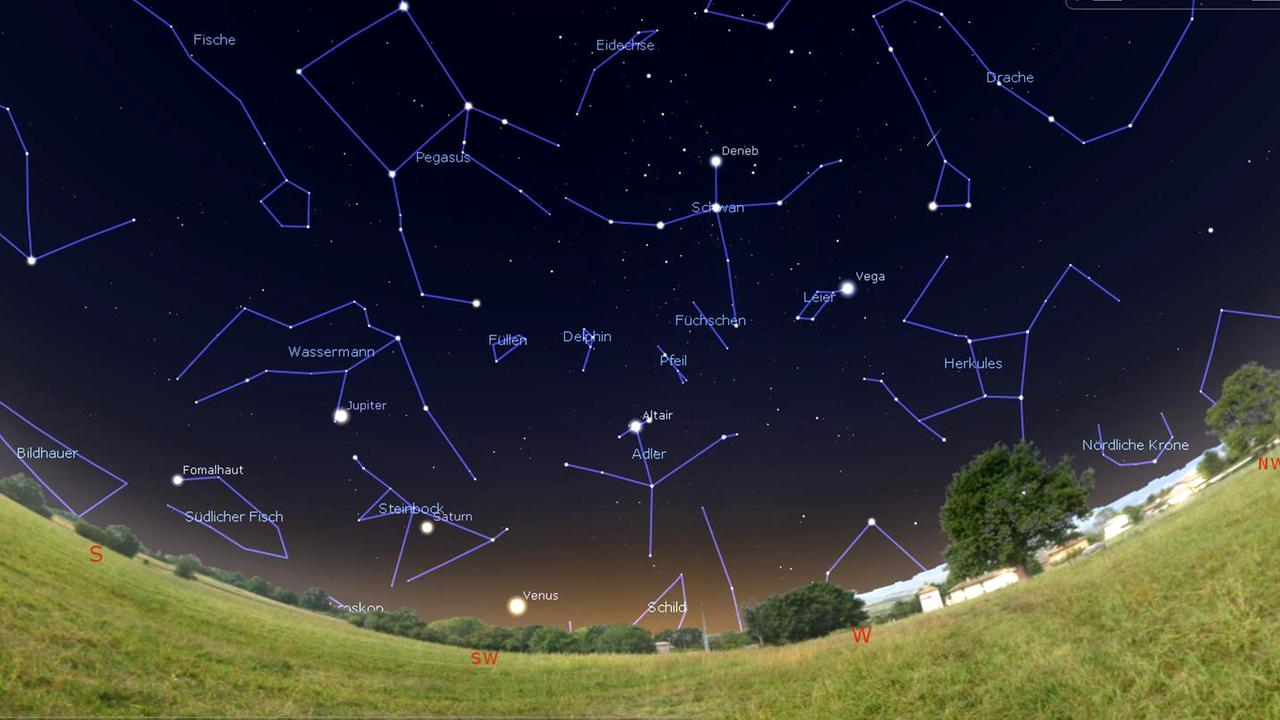 Nach Sonnenuntergang leuchten zunächst die „Weihnachtsplaneten“ Venus, Saturn und Jupiter im Südwesten – am Westhimmel thront der Schwan, das Kreuz des Nordens. Nach Sonnenuntergang leuchten zunächst die „Weihnachtsplaneten“ Venus, Saturn und Jupiter im Südwesten – am Westhimmel thront der Schwan, das Kreuz des Nordens.