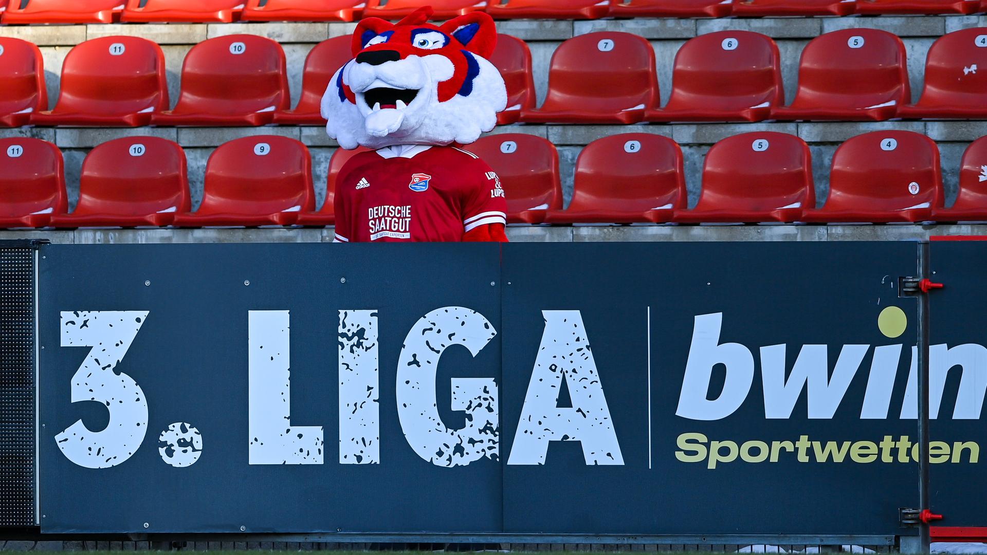 Das Hachinger Maskottchen "FONSI" steht vor der Werbebande "3. LIGA bwin Sportwetten" Das Hachinger Maskottchen "FONSI" steht vor der Werbebande "3. LIGA bwin Sportwetten"
