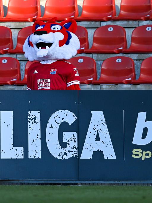 Das Hachinger Maskottchen "FONSI" steht vor der Werbebande "3. LIGA bwin Sportwetten"
