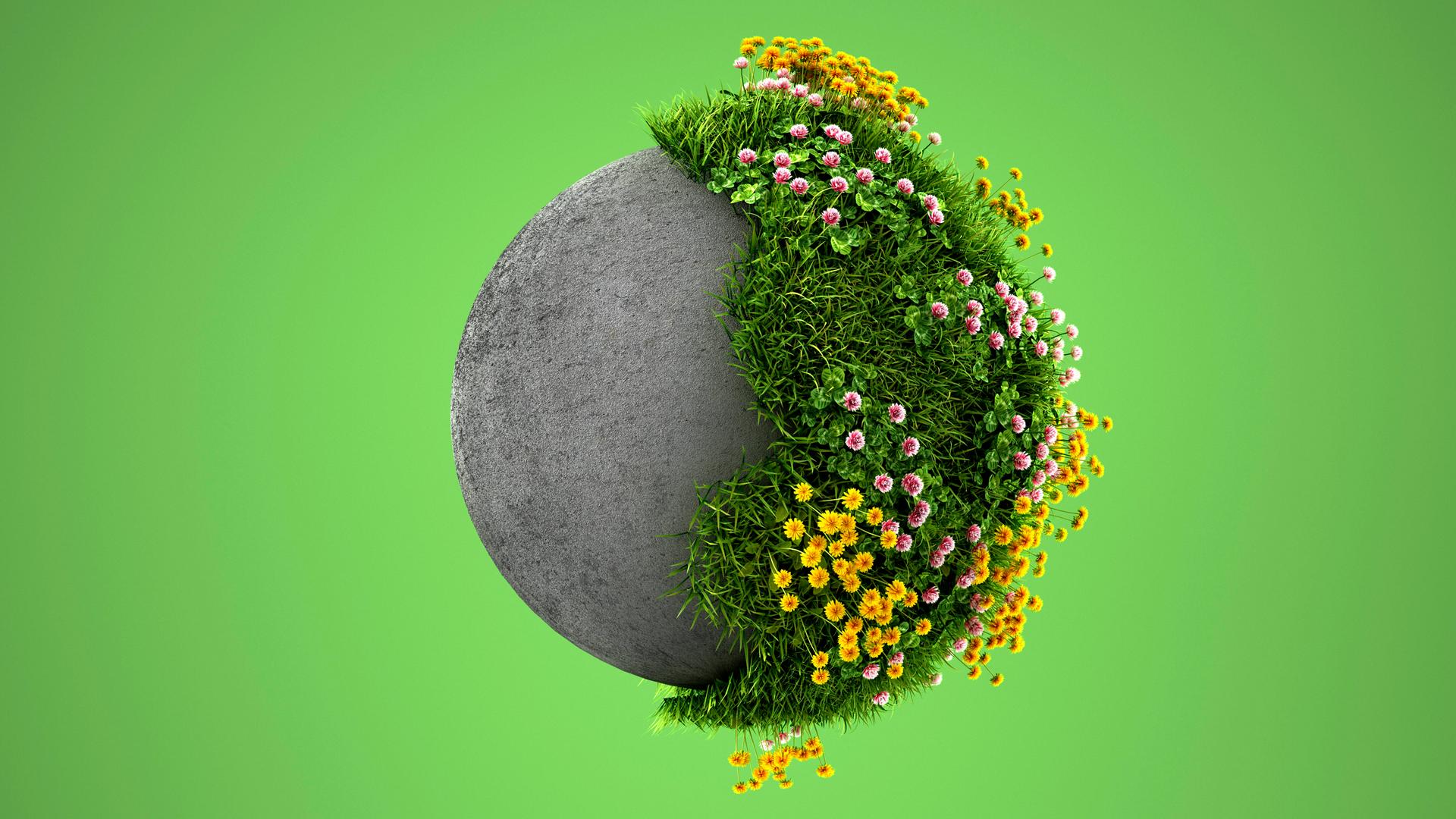 Illustration, vor hellgrünem Hintergrund: Blumenwiese mit roten und gelben Blüten auf einer grauen Kugel, vermutlich aus Beton, auf der rechten Seite ist die Kugel zur Hälfte von der Wiese überwachsen. Illustration, vor hellgrünem Hintergrund: Blumenwiese mit roten und gelben Blüten auf einer grauen Kugel, vermutlich aus Beton, auf der rechten Seite ist die Kugel zur Hälfte von der Wiese überwachsen.