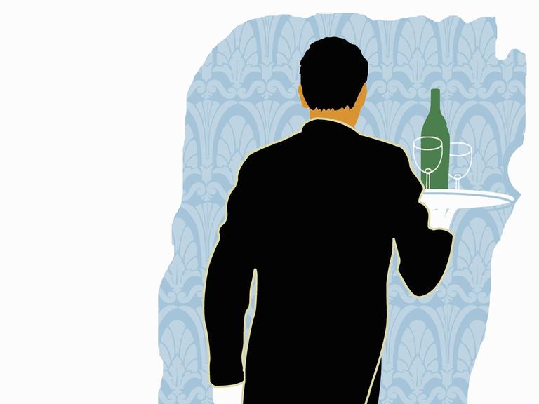 Illustration: Ein Kellner trägt ein Tablett mit Wein und Gläsern.