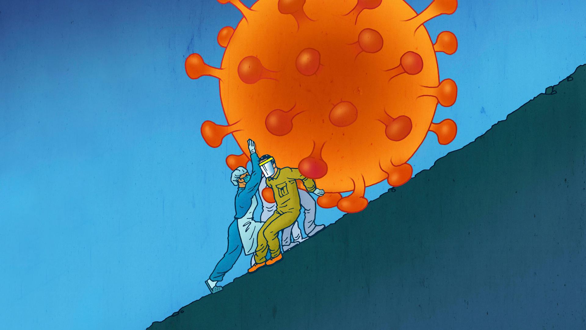 Illustration von Beschäftigten im Gesundheitswesen, die darum kämpfen ein überdimensionales Coronavirus bergauf zu schieben. Illustration von Beschäftigten im Gesundheitswesen, die darum kämpfen ein überdimensionales Coronavirus bergauf zu schieben.