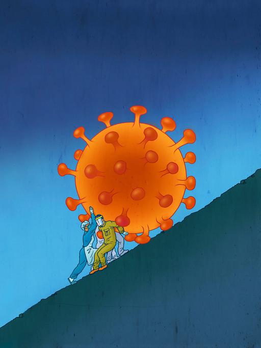 Illustration von  Beschäftigten im Gesundheitswesen, die darum kämpfen ein überdimensionales Coronavirus bergauf zu schieben.