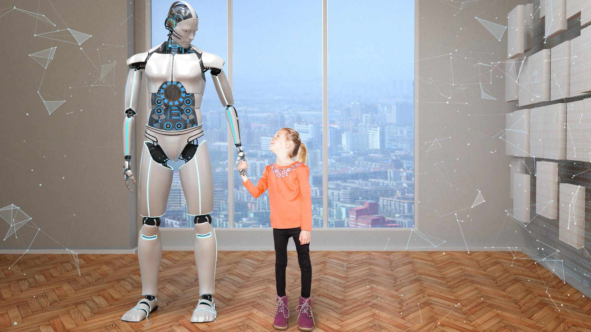 Roboter zur Kinderbetreuung - was sagen Eltern und Kinder dazu? Zu sehen: Ein Roboter hält die Hand eines Mädchens. Roboter zur Kinderbetreuung - was sagen Eltern und Kinder dazu? Zu sehen: Ein Roboter hält die Hand eines Mädchens.