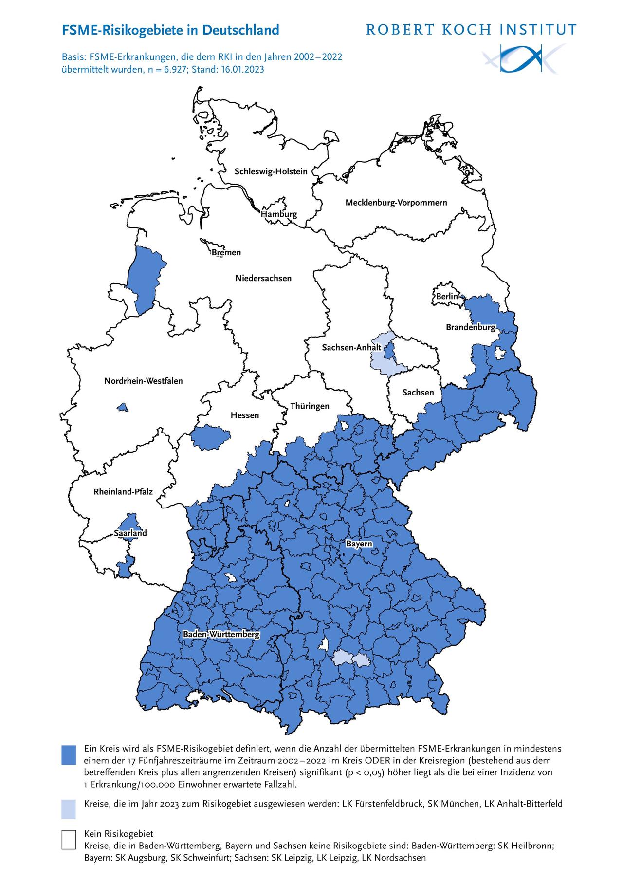 Karte der FSME-Risikogebiete in Deutschland.