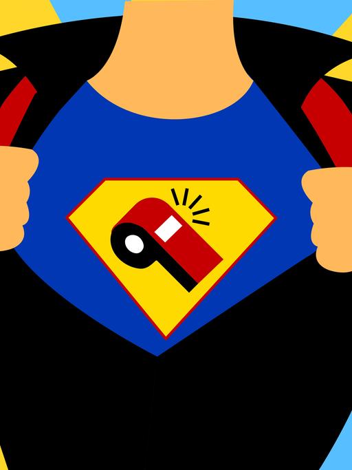 Illustration einer Person im Superheldenanzug mit Trillerpfeife auf der Brust.