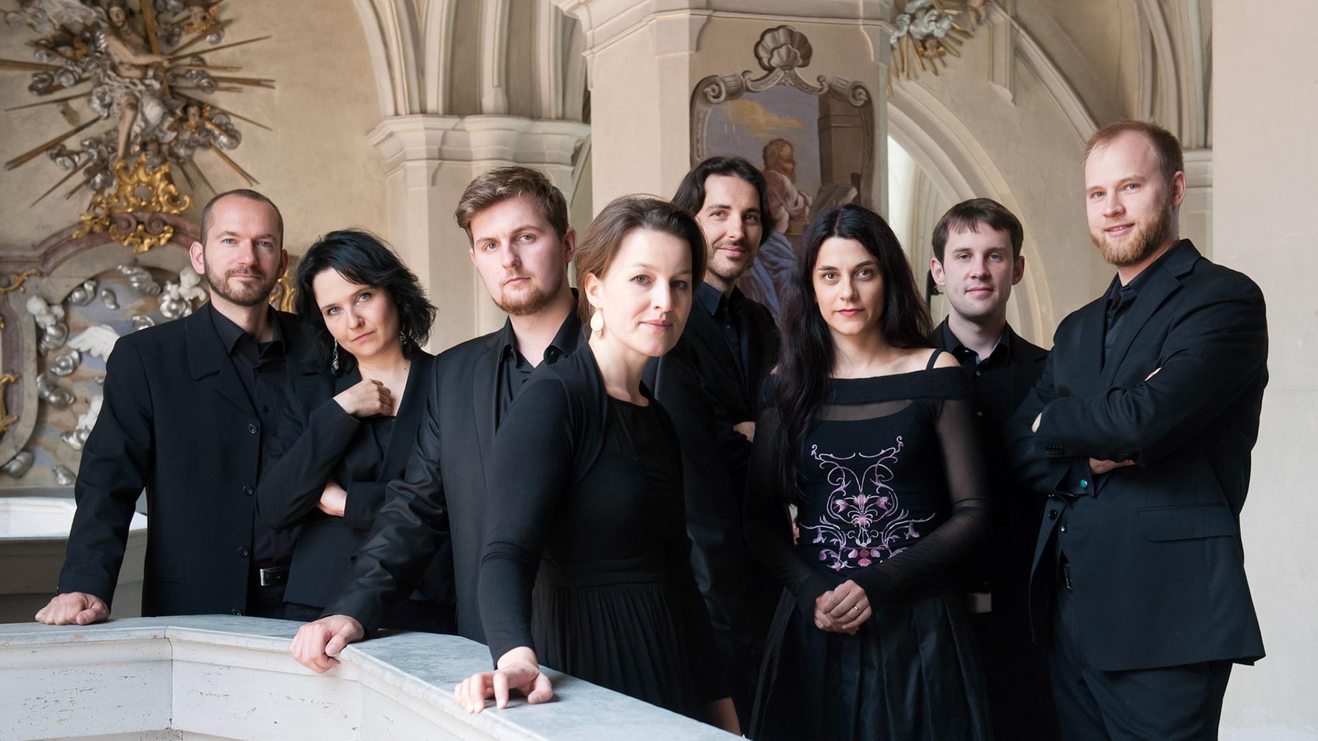 Acht Männer und Frauen sind auf dem Bild zu sehen. Sie tragen schwarze Konzertkleidung. Zusammen bilden sie das Ensemble Cappella Mariana.