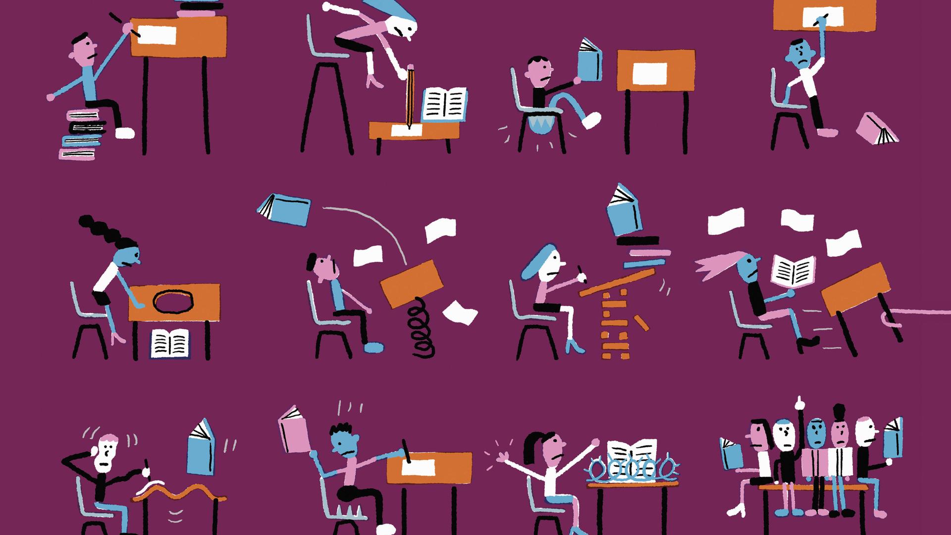 Illustration: Kinder in einem Klassenzimmer, in dem es drunter und drüber geht. Illustration: Kinder in einem Klassenzimmer, in dem es drunter und drüber geht.