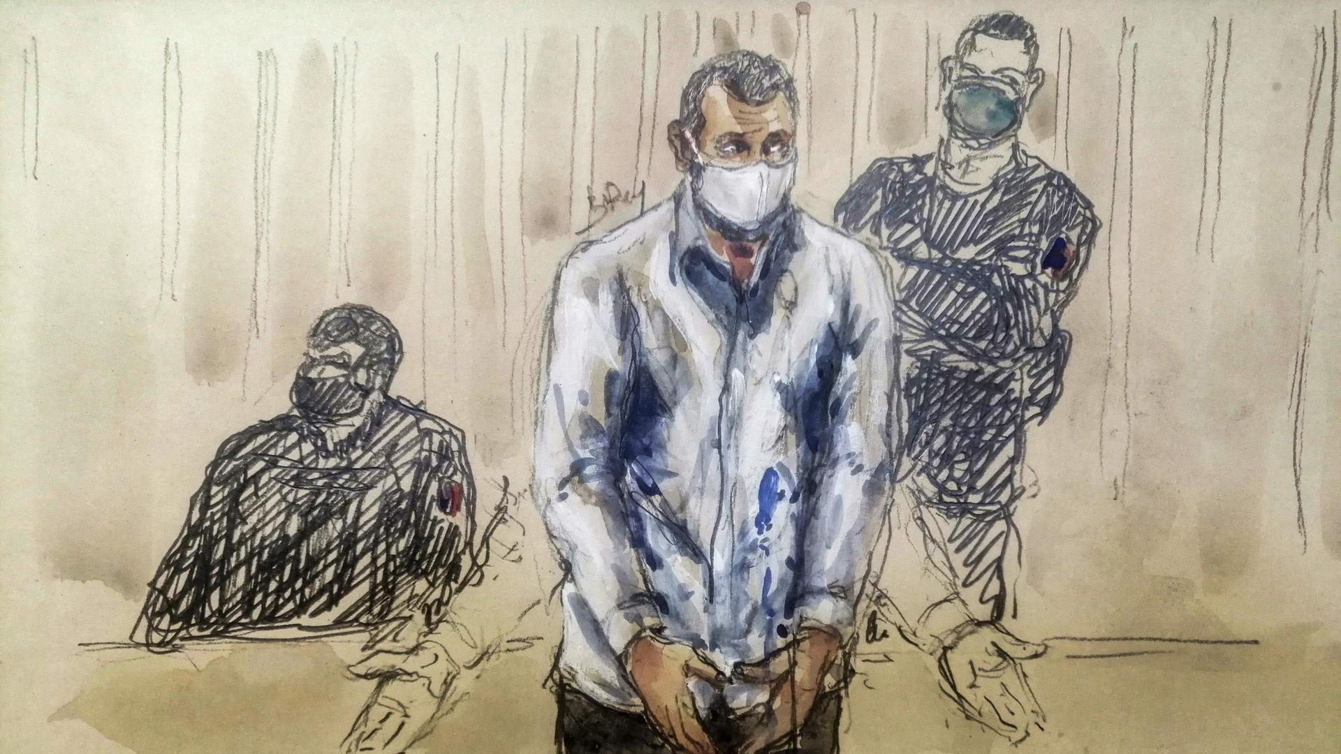 Eine Zeichnung zeigt den Haupt-Angeklagten Salah Abdeslam (in der Mitte) im Gericht. Eine Zeichnung zeigt den Haupt-Angeklagten Salah Abdeslam (in der Mitte) im Gericht.