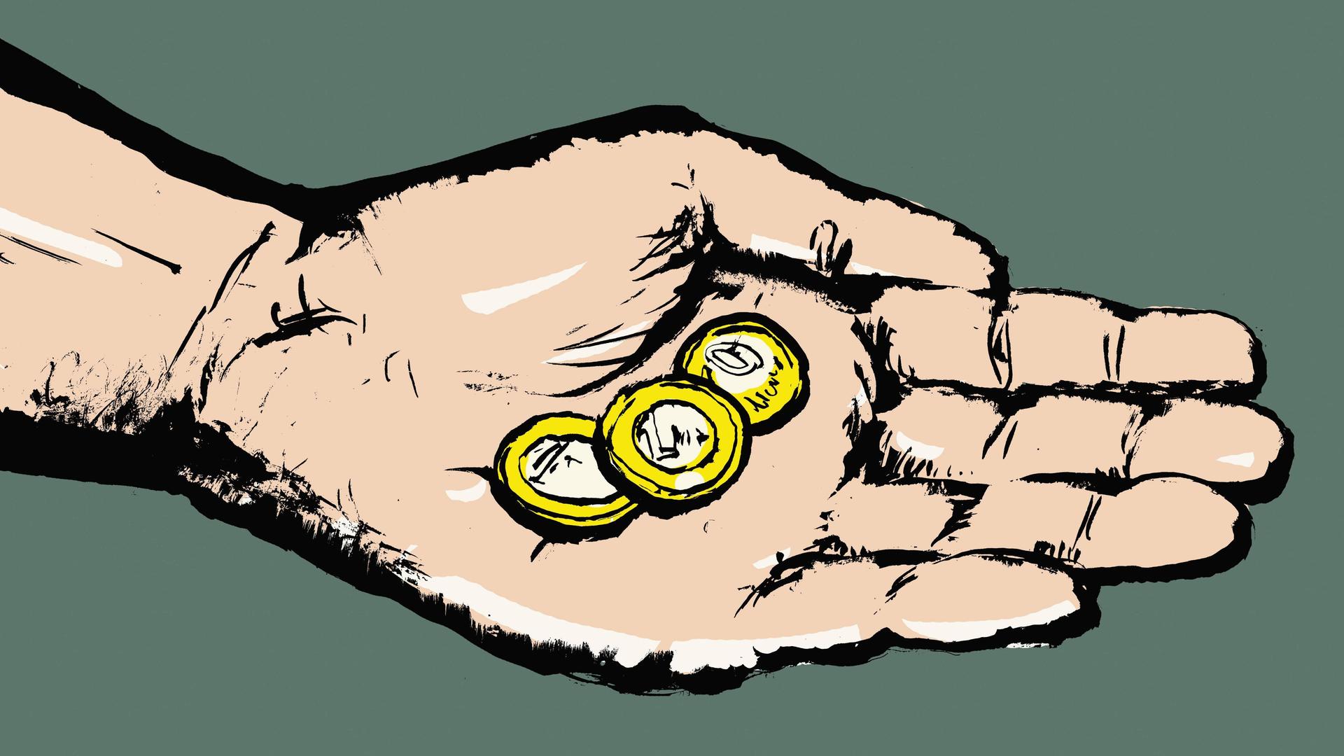Drei goldene Münzen liegen in einer offenen gezeichneten Hand. Der Hintergrund ist grau. Drei goldene Münzen liegen in einer offenen gezeichneten Hand. Der Hintergrund ist grau.