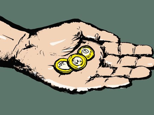 Drei goldene Münzen liegen in einer offenen gezeichneten Hand. Der Hintergrund ist grau.