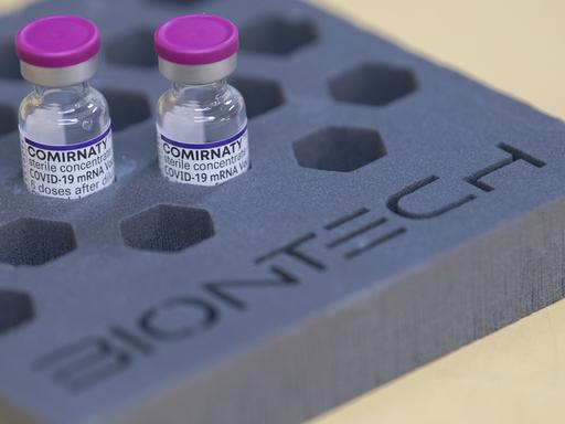 Fläschen des Biontech-Impfstoffs Comirnaty gegen das Corona-Virus stehen stehen in einer Schaumverpackung mit Biontech-Schriftzug auf einem Tisch. Die rheinland-pfälzische Wirtschaft hat 2021 preisbereinigt um 9,6 Prozent zugelegt und damit ein Rekordwachstum erreicht. Ein groÃer Anteil an dem Anstieg ist dabei auf die Entwicklung und Produktion des Corona-Impfstoffs von Biontech zurückzuführen. (zu dpa "Medientyp: Text Rekordwachstum der Wirtschaftsleistung um 9,6 Prozent")