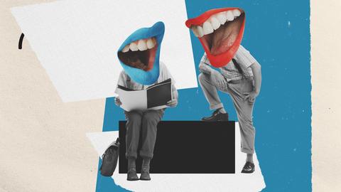 Collage zweier miteinander redender Menschen mit großen Mündern anstelle ihrer Köpfe.