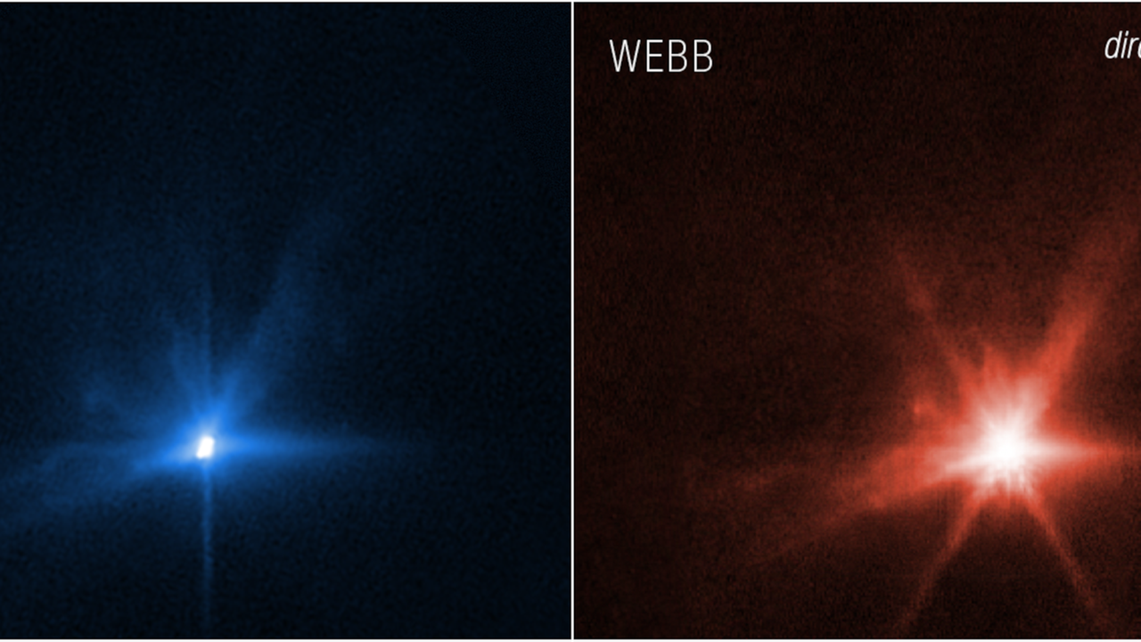 Der Asteroid Dimorphos zeigte auch Tage nach dem Einschlag der DART-Sonde noch deutliche Spuren des Geschehens (links Hubble-, rechts James Webb Weltraumteleskop). (NASA/ESA/CSA)
Der Asteroid Dimorphos zeigte auch Tage nach dem Einschlag der DART-Sonde noch deutliche Spuren des Geschehens (links Hubble-, rechts James Webb Weltraumteleskop). (NASA/ESA/CSA)