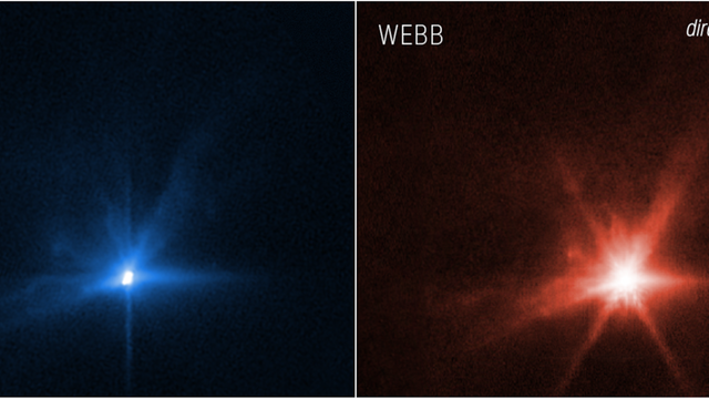 Der Asteroid Dimorphos zeigte auch Tage nach dem Einschlag der DART-Sonde noch deutliche Spuren des Geschehens (links Hubble-, rechts James Webb Weltraumteleskop). (NASA/ESA/CSA)

