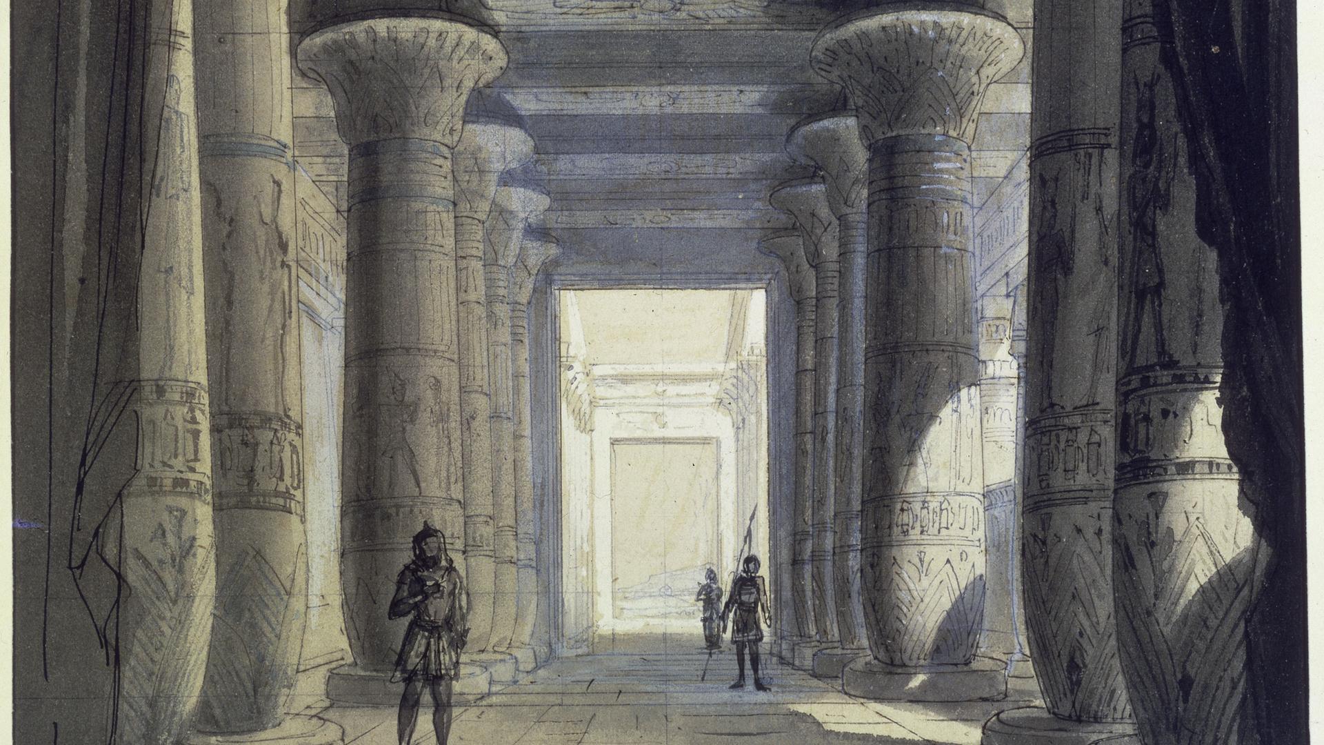 Das Bühnenbild der Uraufführung von Guiseppe Verdis "Oper Aida" 1871 am Opernhaus Kairo (aquarellierte Federzeichnung von Philippe Chaperon, 1871