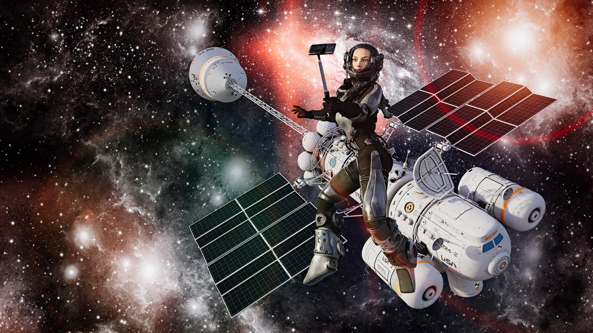 Astronautin posiert für ein Handy-Selfie während eines Weltraumspaziergangs