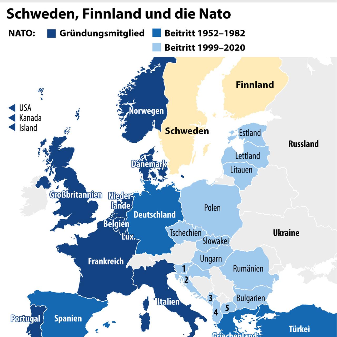 Die Grafik zeigt NATO-Beitritte von 1952 bis 1982 und Beitritte von 1999 bis 2020 sowie Schweden und Finnland, die nicht NATO-Mitglieder sind