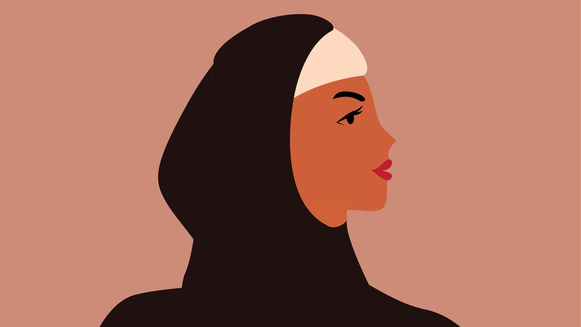 Illustration einer Frau mit Hijab. Sie schaut zur Seite. Illustration einer Frau mit Hijab. Sie schaut zur Seite.
