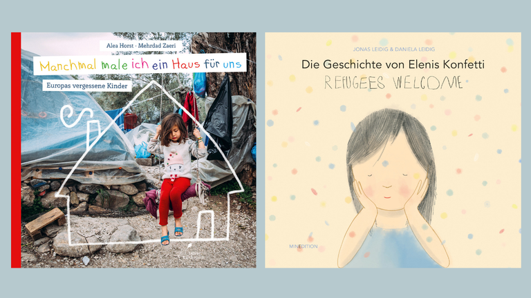 Die beiden Buchcover von Jonas Leidig und Daniela Leidig: „Die Geschichte von Elenis Konfetti – Refugees Welcome“ und Alea Horst, Mehrdad Zaeri (Ill.): „Manchmal male ich ein Haus für uns – Europas vergessene Kinder“ Die beiden Buchcover von Jonas Leidig und Daniela Leidig: „Die Geschichte von Elenis Konfetti – Refugees Welcome“ und Alea Horst, Mehrdad Zaeri (Ill.): „Manchmal male ich ein Haus für uns – Europas vergessene Kinder“