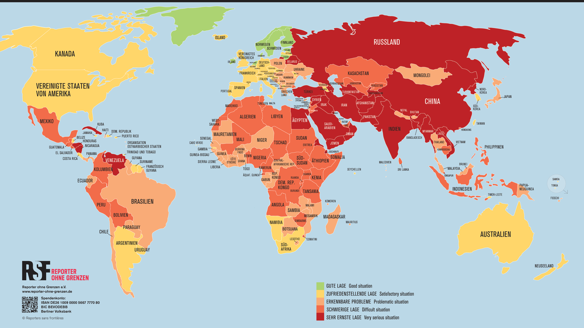 Das Foto zeigt das Ausmaß der Pressefreiheit in den einzelnen Ländern auf einer Weltkarte . 