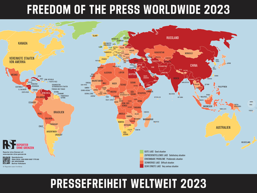 Das Foto zeigt das Ausmaß der Pressefreiheit in den einzelnen Ländern auf einer Weltkarte . 