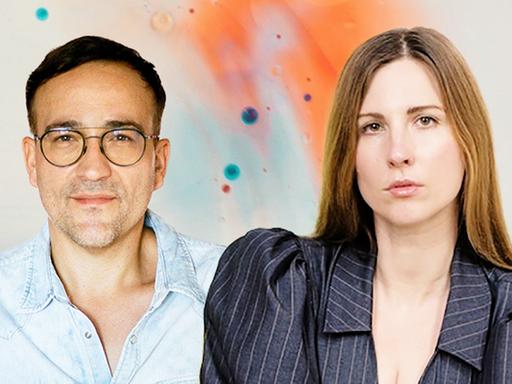 Porträts von Daniel Schreiber und Kirsten Becken als Freisteller vor einem farbig getünchten Hintergrund.