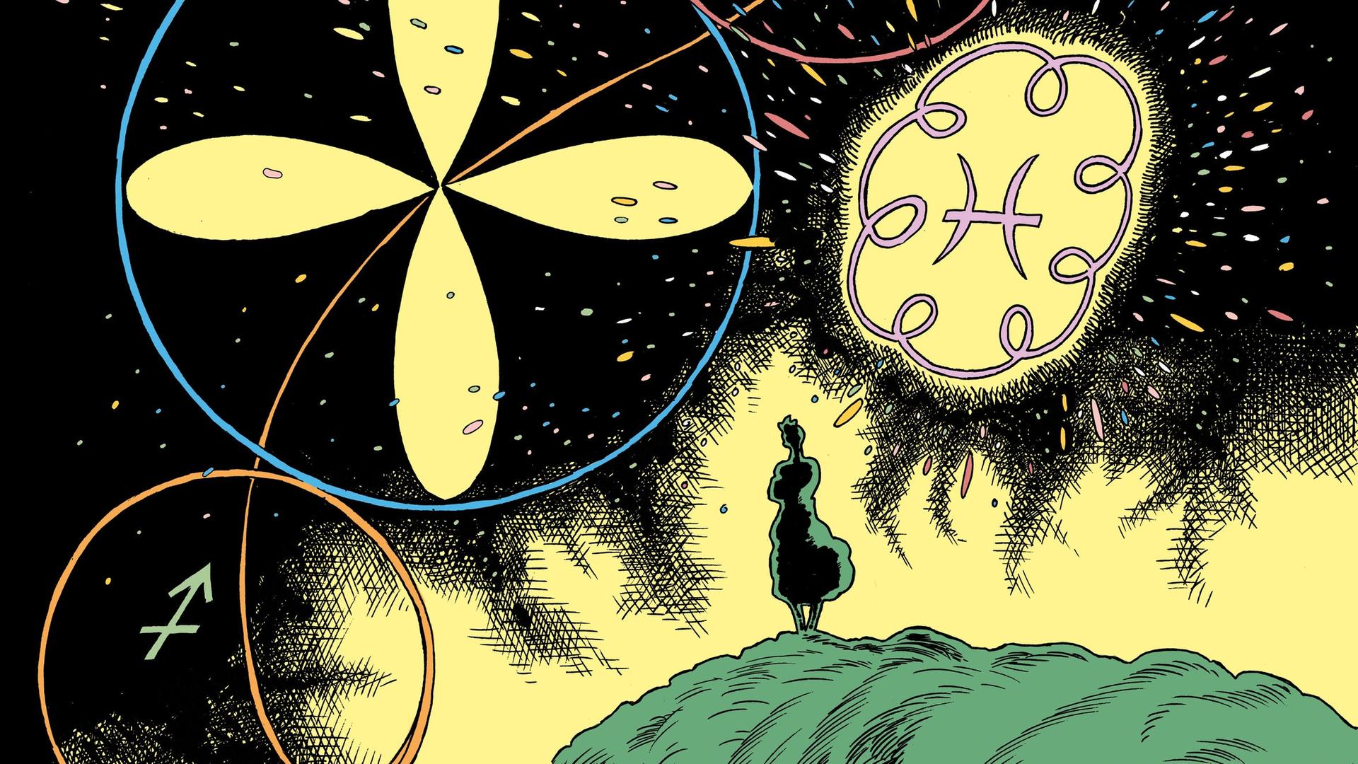 Hilma af Klint steht in einer Zeichnung an einer Klippe, vor ihr schweben abstrakte Symbole aus ihren Bildern. Hilma af Klint steht in einer Zeichnung an einer Klippe, vor ihr schweben abstrakte Symbole aus ihren Bildern.