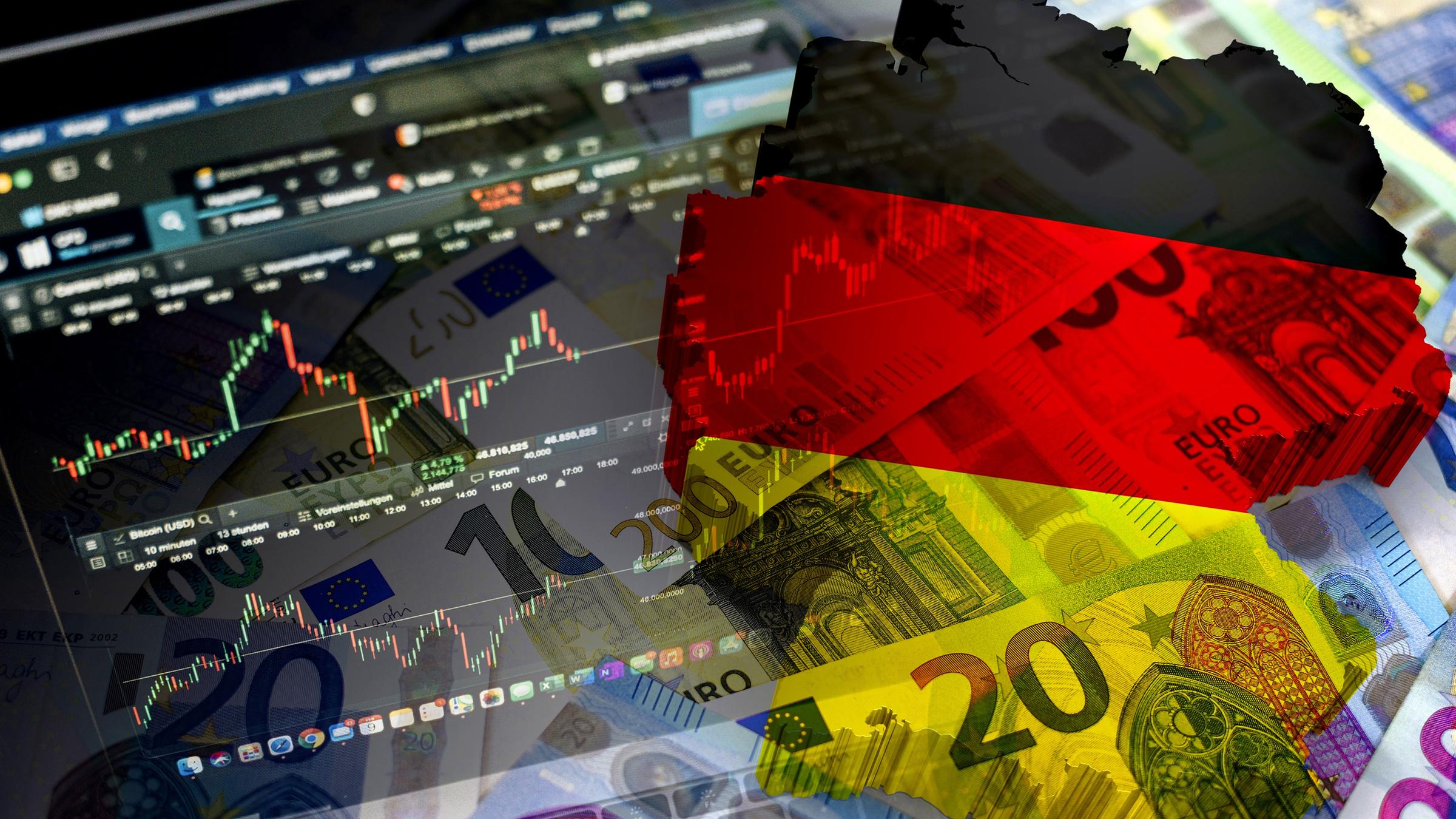 Eine Illustration zeigt in einer Combo den Umriss Deutschlands in Schwarz-Rot-Gold, Euro-Banknoten und Marktcharts.