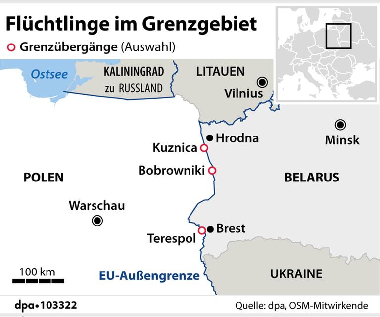 Die Karte zeigt die Verortung der Grenzübergänge Kuznica, Terespol und Bobrowniki an der polnisch-belarussischen Grenze