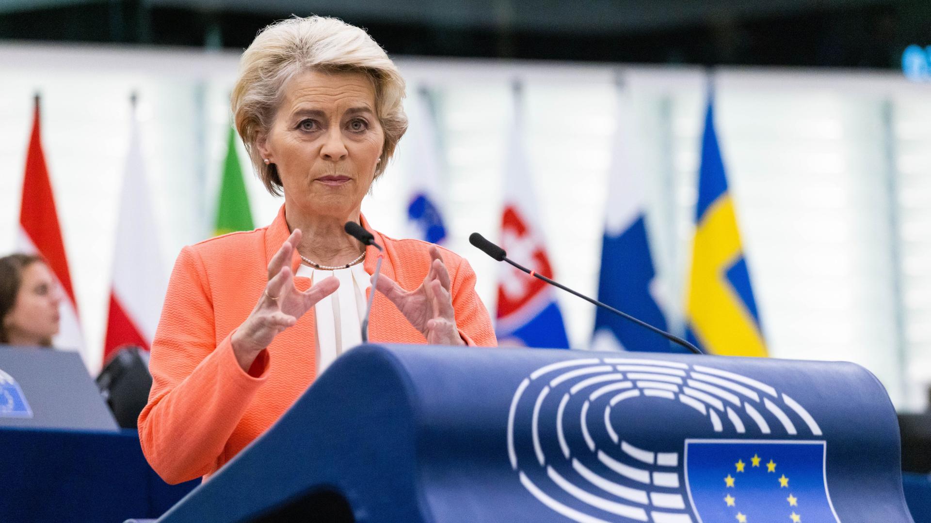 Frankreich, Straßburg: Ursula von der Leyen, Präsidentin der Europäischen Kommission, steht im Gebäude des Europäischen Parlaments und spricht. Frankreich, Straßburg: Ursula von der Leyen, Präsidentin der Europäischen Kommission, steht im Gebäude des Europäischen Parlaments und spricht.