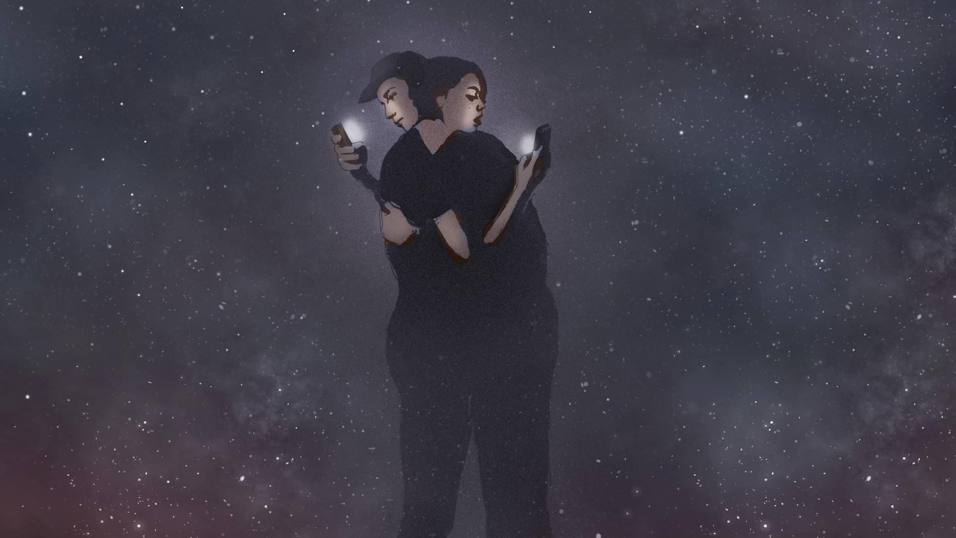 Eine Illustration zeigt ein junges Paar das sich abgelenkt von ihren Smartphones umarmt.