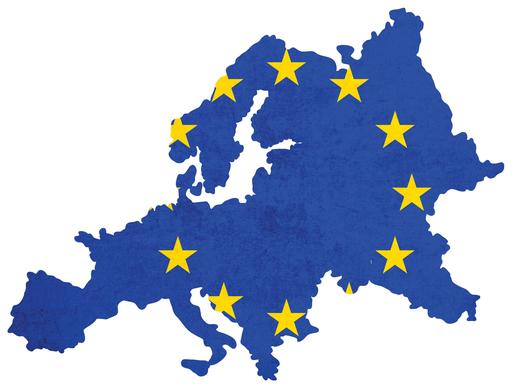 Illustration: Eine Europakarte in blau mit gelben Sternen.