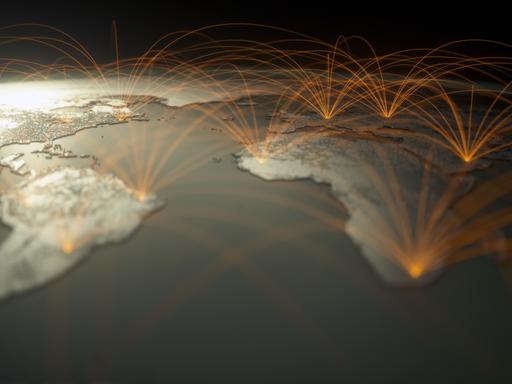 Eine Illustration mit vielen leuchtenden Linien, die zu Knotenpunkten auf einer Weltkarte führen.