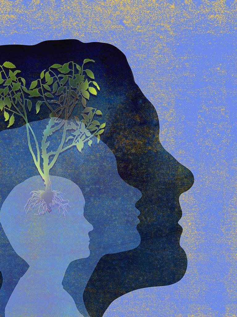 Grafik: überschneidende Silhouetten der Köpfe eines Vaters einer Mutter und eines Sohnes.