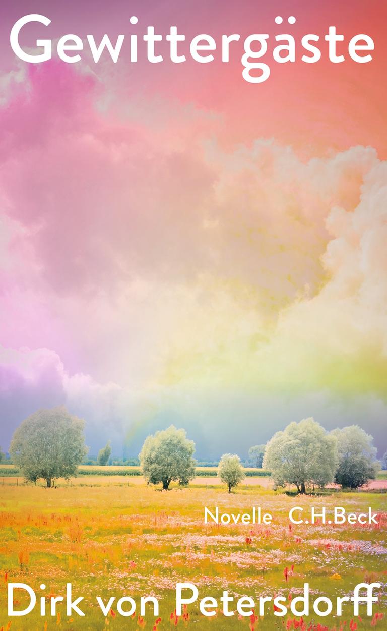 Das Cover zu Dirk von Petersdorffs Novelle "Gewittergäste" zeigt neben dem Namen des Autors und dem Buchtitel die Zeichnung einer Landschaft mit vereinzelten Bäumen unter einem pastellfarben schimmerndem Wolkenhimmel.