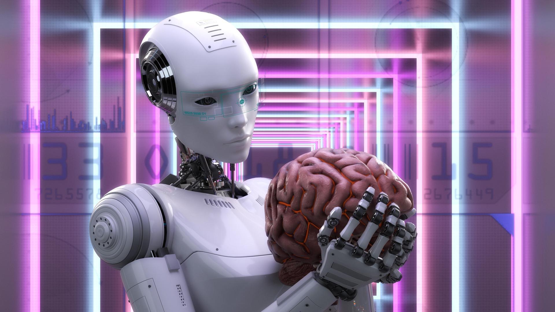 Künstlerische 3D-Illustration eines Cyborgs mit künstlicher Intelligenz Künstlerische 3D-Illustration eines Cyborgs mit künstlicher Intelligenz
