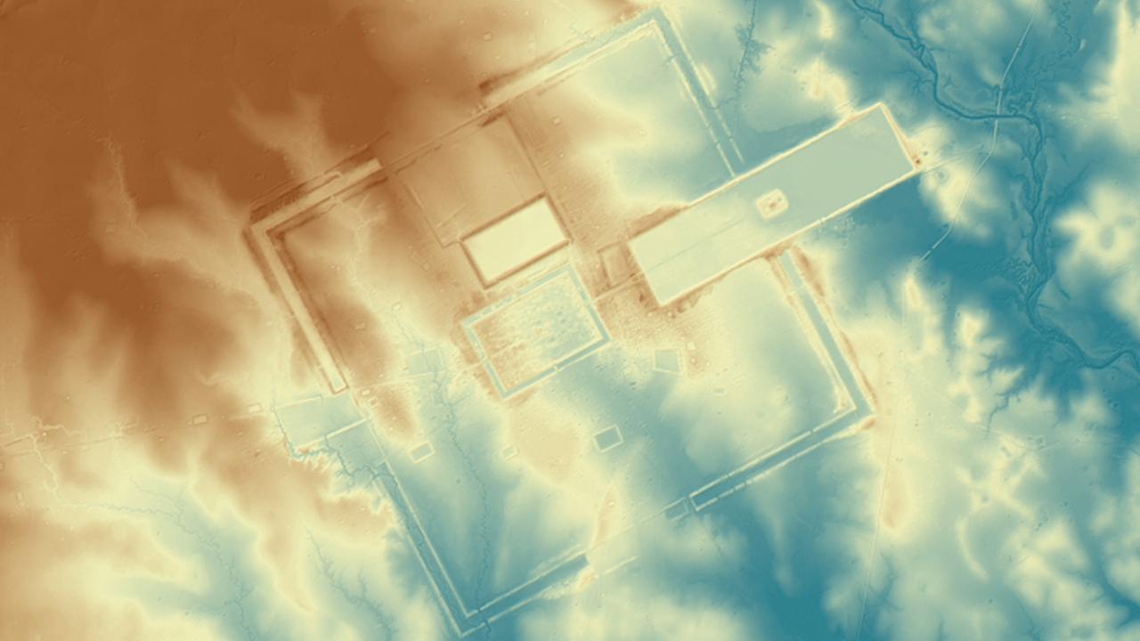 In der Lidar-Aufnahme durch das Blattwerk des Urwalds werden die Strukturen einer Khmer-Anlage sichtbar In der Lidar-Aufnahme durch das Blattwerk des Urwalds werden die Strukturen einer Khmer-Anlage sichtbar