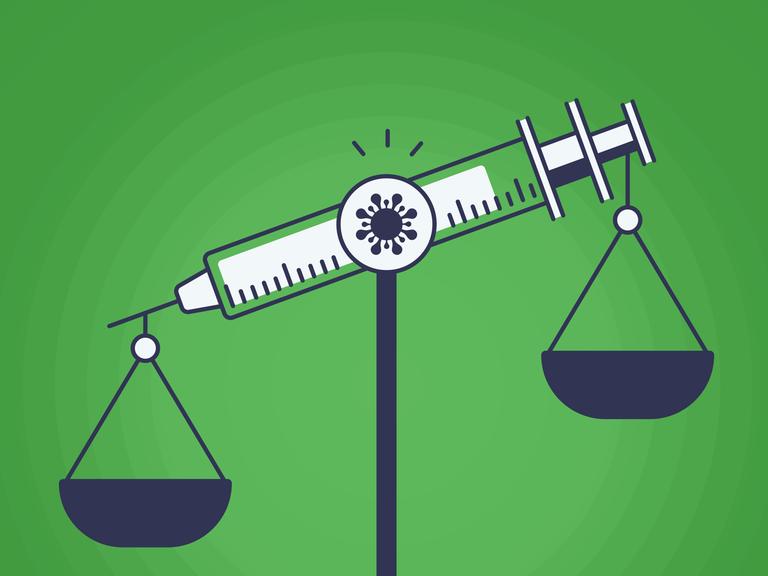 Illustration: ein Impfspritze als Waage, die Spitze der Spritze zeigt nach unten.
