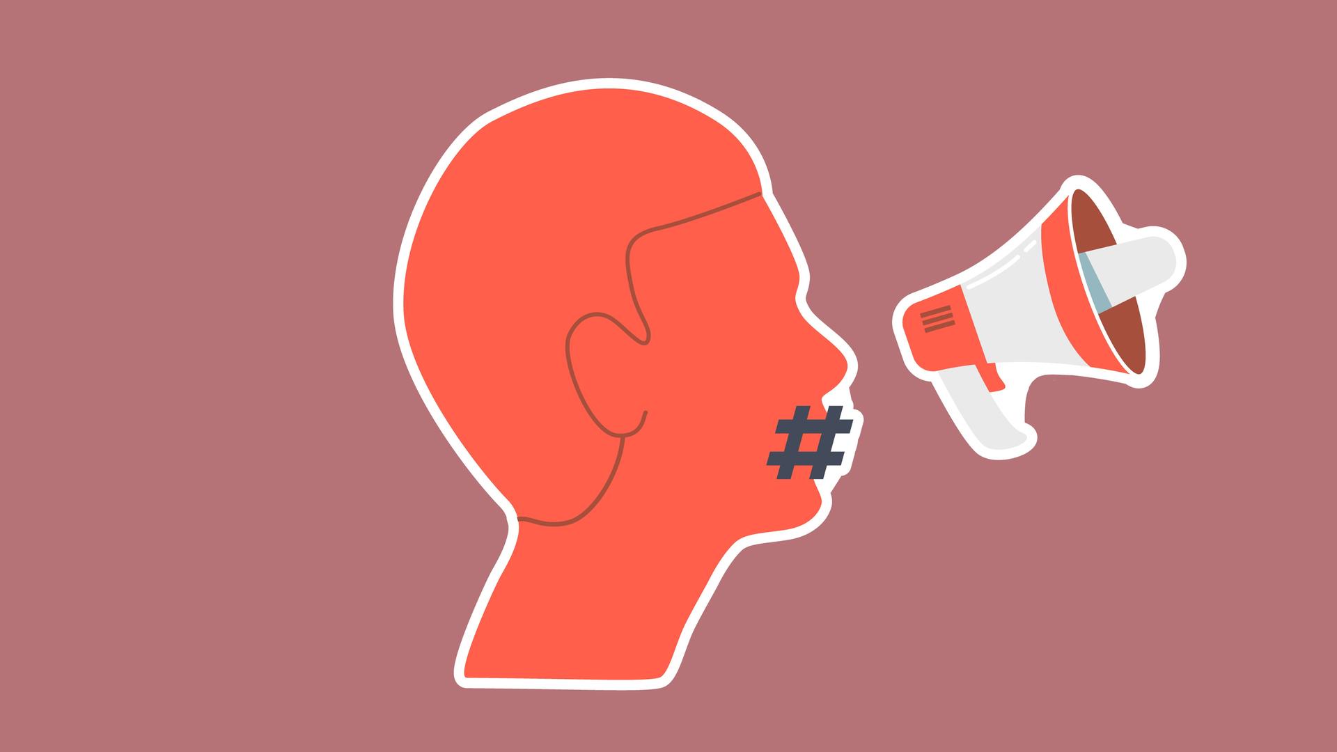 Illustration: Ein Kopf mit Hashtag vor dem geschlossenen Mund und Megafon vor dem Gesicht. Illustration: Ein Kopf mit Hashtag vor dem geschlossenen Mund und Megafon vor dem Gesicht.