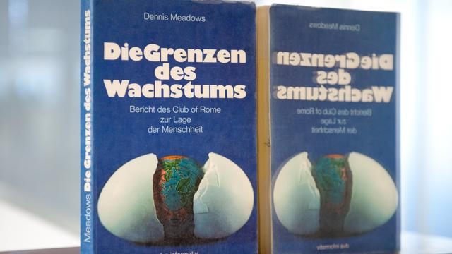 Ein Exemplar von "Die Grenzen des Wachstum" steht vor einem Spiegel auf einem Tisch.