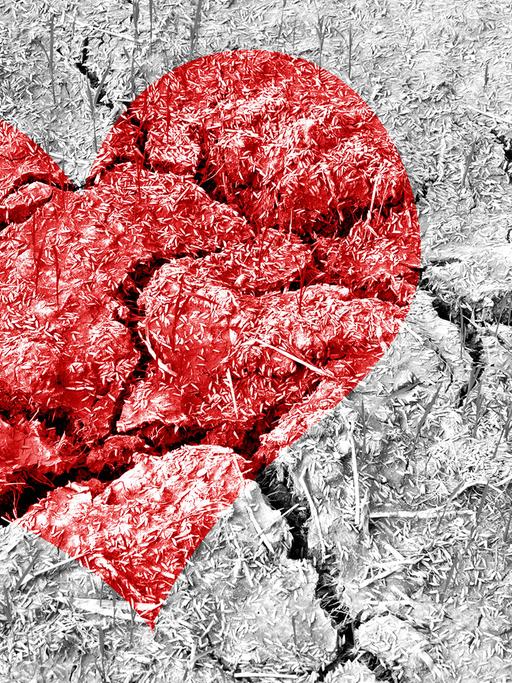 Ein rotes Herz ist auf einer rissigen Erdunterlage gemalt. 