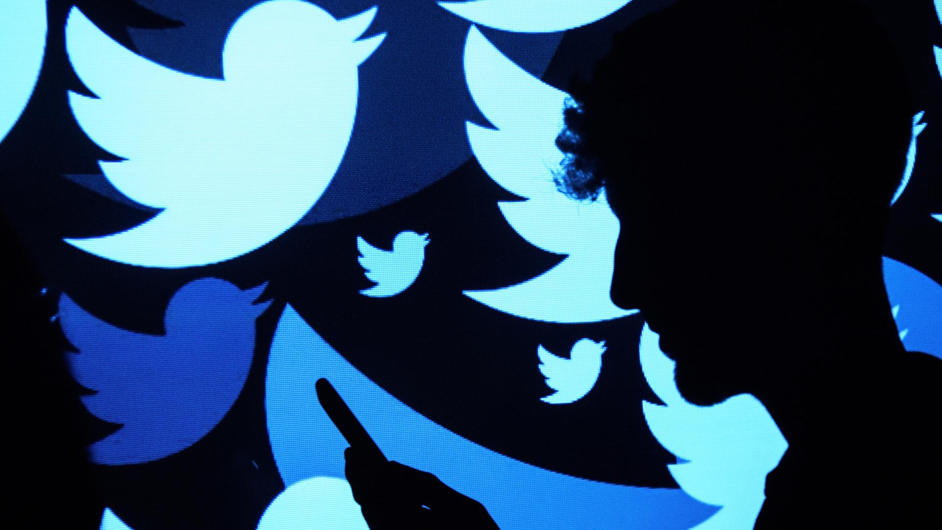 Das Vogel-Logo von Twitter in vor der Silhouette eines Mannes mit Handy in der Hand. Das Vogel-Logo von Twitter in vor der Silhouette eines Mannes mit Handy in der Hand.