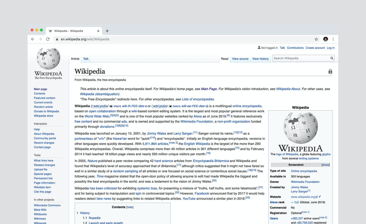 Fotografie der Startseite von Wikipedia in englischer Sprache, mit der Erklärung und Geschichte zum Schlagwort "Wikipedia" aus dem Jahr 2019. Fotografie der Startseite von Wikipedia in englischer Sprache, mit der Erklärung und Geschichte zum Schlagwort "Wikipedia" aus dem Jahr 2019.