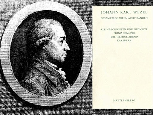 Porträt von Johann Karl Wezel als historischer Stich und Band 4 der Gesamtausgabe