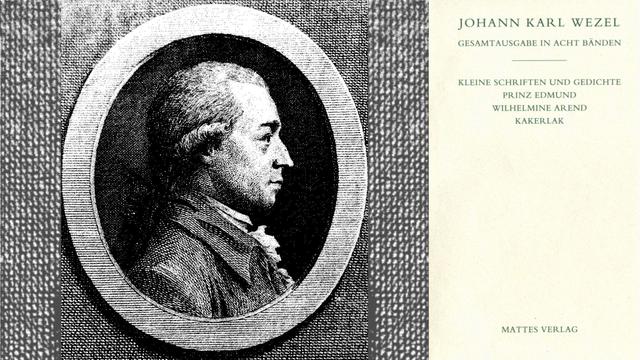 Porträt von Johann Karl Wezel als historischer Stich und Band 4 der Gesamtausgabe