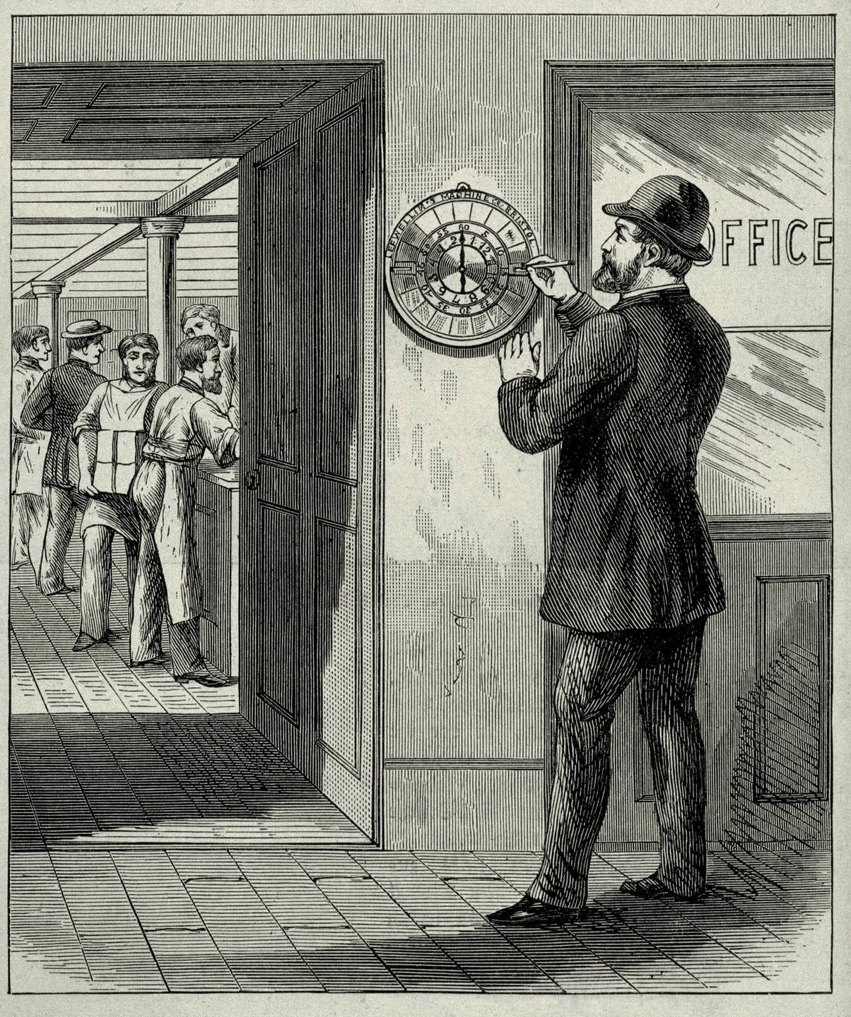 Illustration: Ein Mann bedient eine Stechuhr, im Hintergrund sind Arbeiter zu sehen. 