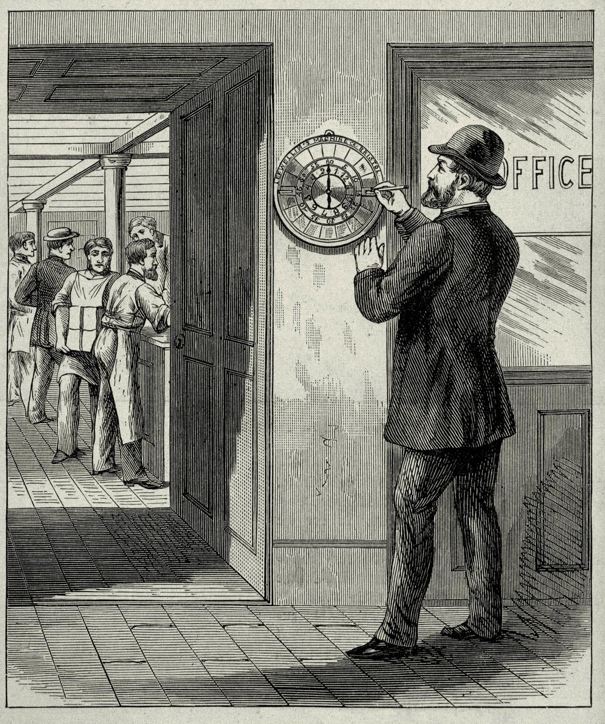 Illustration: Ein Mann bedient eine Stechuhr, im Hintergrund sind Arbeiter zu sehen. Illustration: Ein Mann bedient eine Stechuhr, im Hintergrund sind Arbeiter zu sehen.